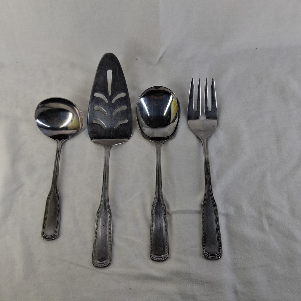 4 PCS Stainless By Salem Japan Beaded‎  Serving Fork, Spoon, Ladle, Cake Server
